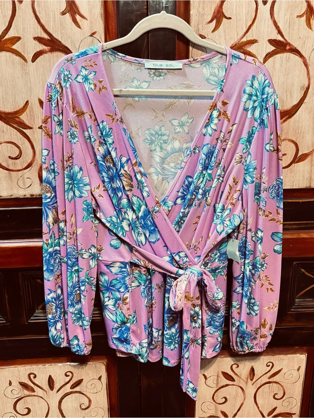 Blue Sol Women's Pink Floral Wrap Blouse